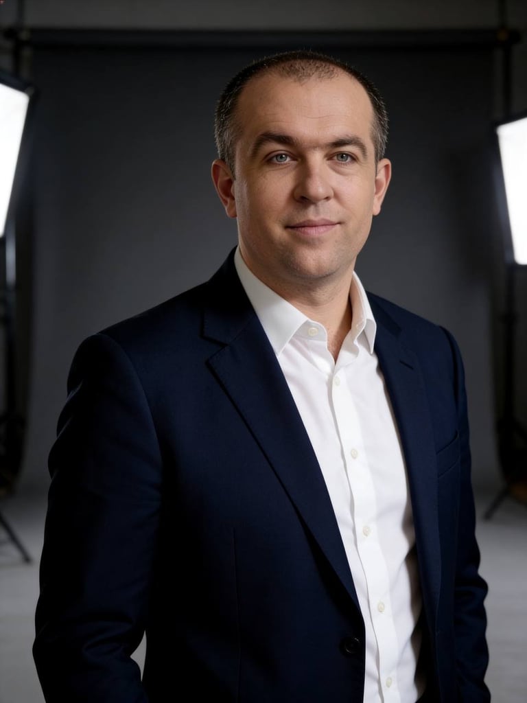 Professional headshot of a man in a dark navy blazer and white dress shirt against a neutral gray background