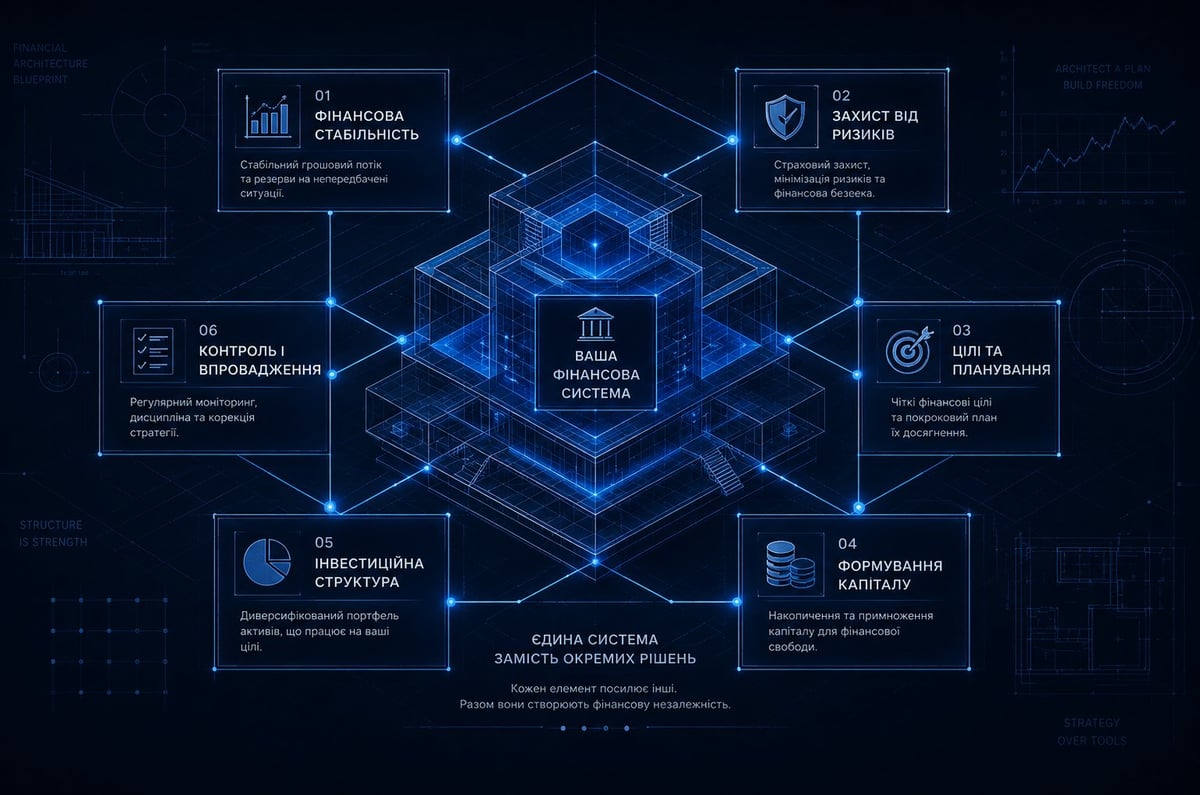 Схема персональної фінансової архітектури Finconstructor з шістьма взаємопов'язаними елементами фінансової системи