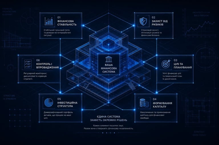 Схема персональної фінансової архітектури Finconstructor з шістьма взаємопов'язаними елементами фінансової системи