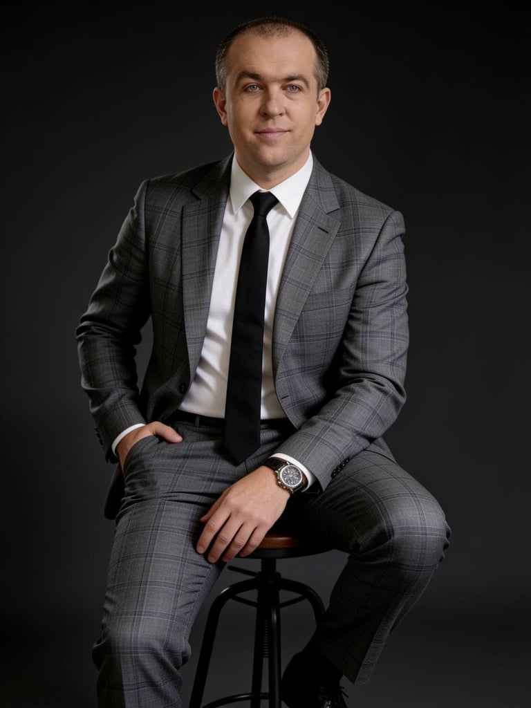 Professional headshot of a man in gray plaid suit and black tie sitting on a stool against a dark background